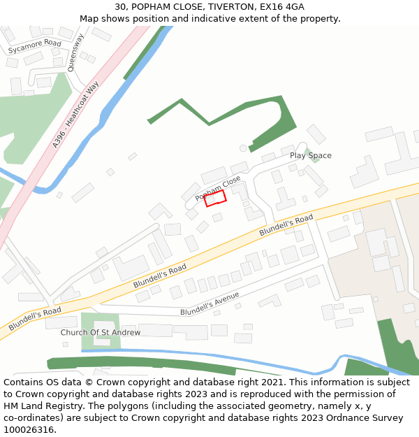 30, POPHAM CLOSE, TIVERTON, EX16 4GA: Location map and indicative extent of plot
