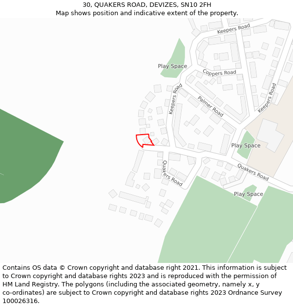 30, QUAKERS ROAD, DEVIZES, SN10 2FH: Location map and indicative extent of plot
