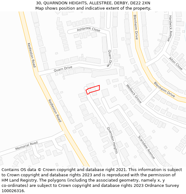 30, QUARNDON HEIGHTS, ALLESTREE, DERBY, DE22 2XN: Location map and indicative extent of plot