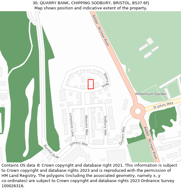 30, QUARRY BANK, CHIPPING SODBURY, BRISTOL, BS37 6FJ: Location map and indicative extent of plot
