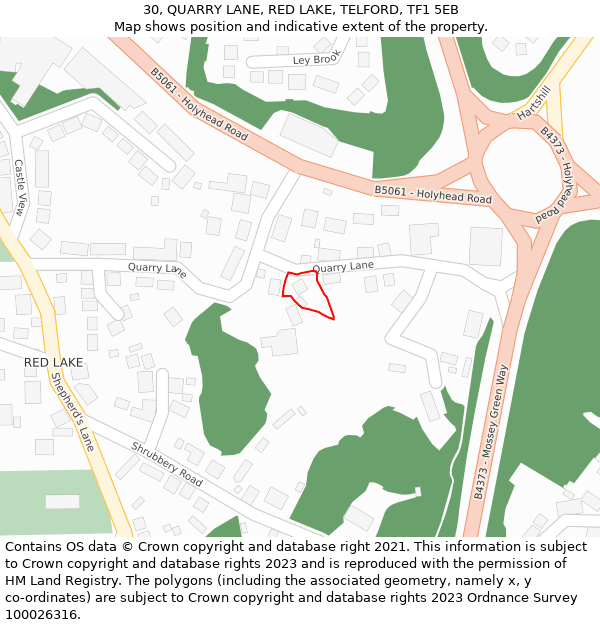 30, QUARRY LANE, RED LAKE, TELFORD, TF1 5EB: Location map and indicative extent of plot