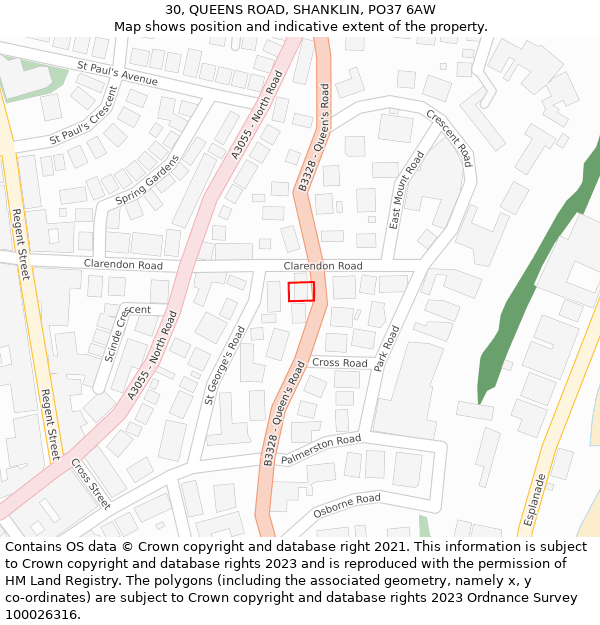 30, QUEENS ROAD, SHANKLIN, PO37 6AW: Location map and indicative extent of plot