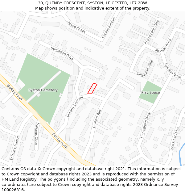 30, QUENBY CRESCENT, SYSTON, LEICESTER, LE7 2BW: Location map and indicative extent of plot