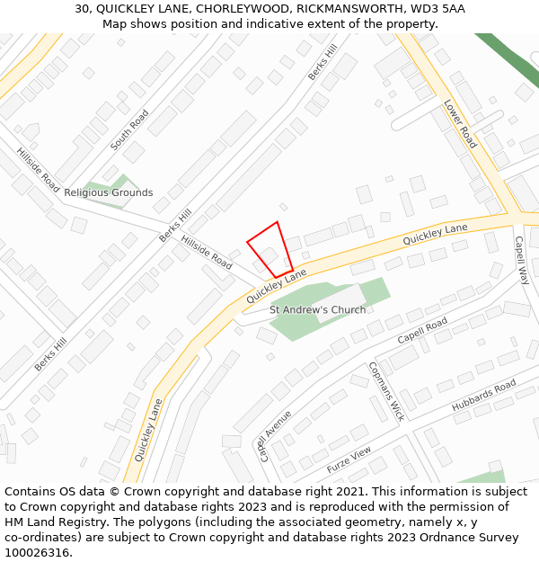 30, QUICKLEY LANE, CHORLEYWOOD, RICKMANSWORTH, WD3 5AA: Location map and indicative extent of plot
