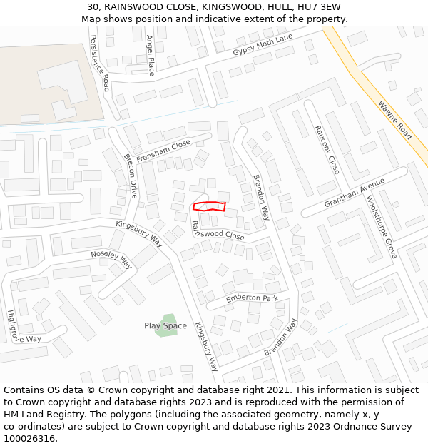 30, RAINSWOOD CLOSE, KINGSWOOD, HULL, HU7 3EW: Location map and indicative extent of plot