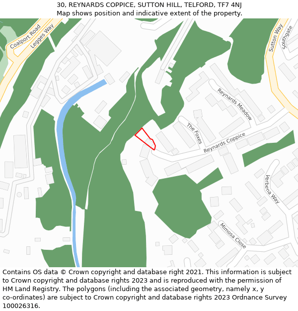 30, REYNARDS COPPICE, SUTTON HILL, TELFORD, TF7 4NJ: Location map and indicative extent of plot