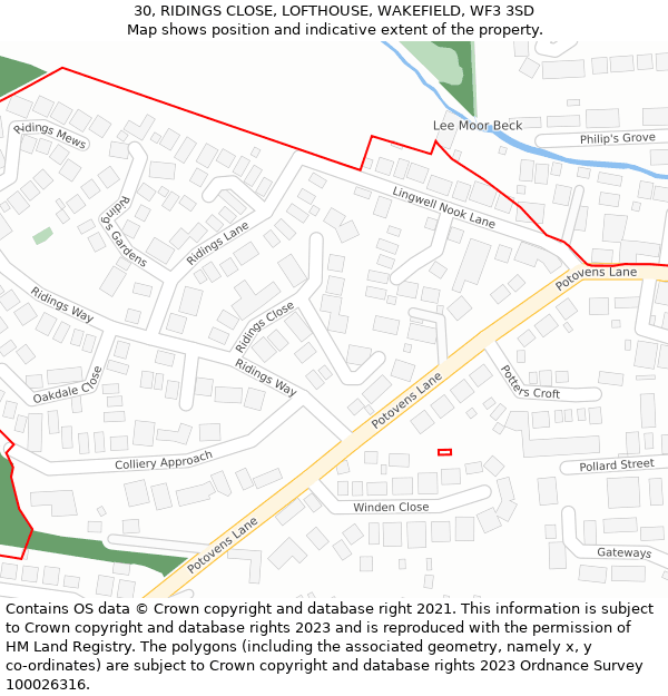 30, RIDINGS CLOSE, LOFTHOUSE, WAKEFIELD, WF3 3SD: Location map and indicative extent of plot