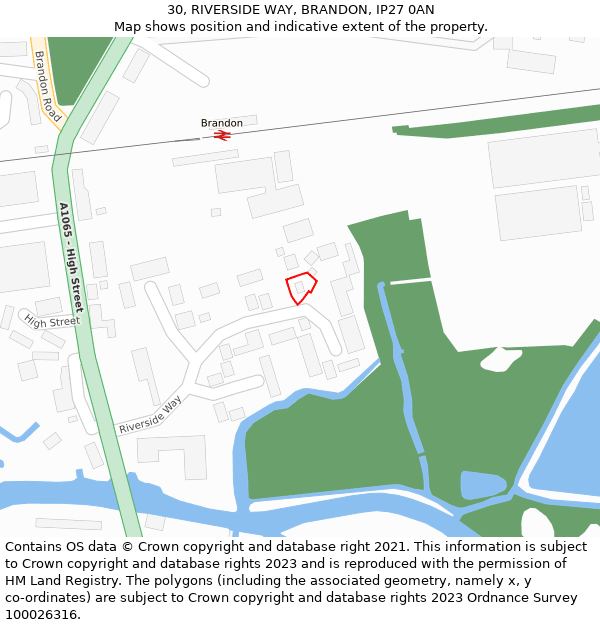 30, RIVERSIDE WAY, BRANDON, IP27 0AN: Location map and indicative extent of plot