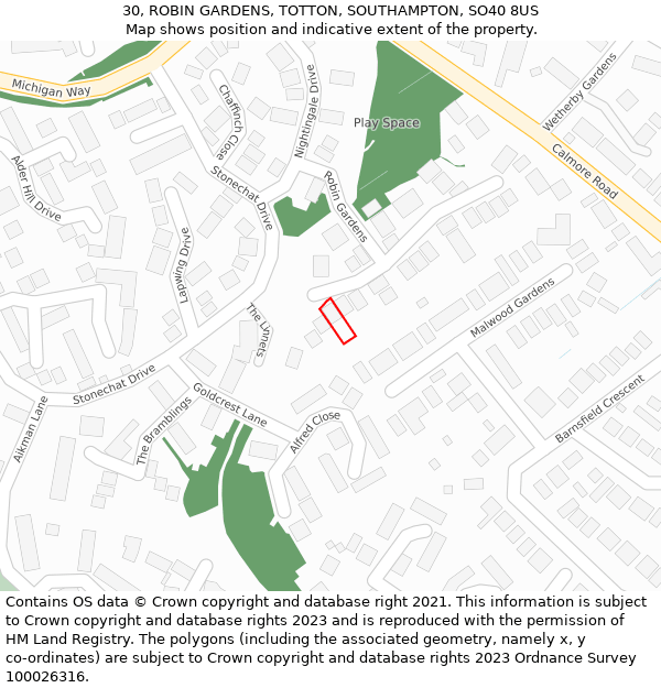 30, ROBIN GARDENS, TOTTON, SOUTHAMPTON, SO40 8US: Location map and indicative extent of plot