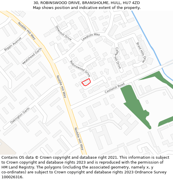 30, ROBINSWOOD DRIVE, BRANSHOLME, HULL, HU7 4ZD: Location map and indicative extent of plot