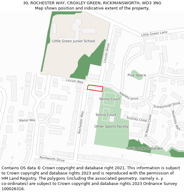 30, ROCHESTER WAY, CROXLEY GREEN, RICKMANSWORTH, WD3 3NG: Location map and indicative extent of plot