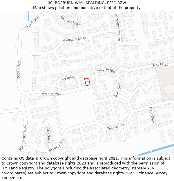 30, ROEBURN WAY, SPALDING, PE11 3ZW: Location map and indicative extent of plot