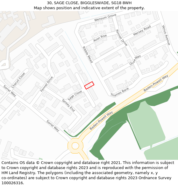 30, SAGE CLOSE, BIGGLESWADE, SG18 8WH: Location map and indicative extent of plot