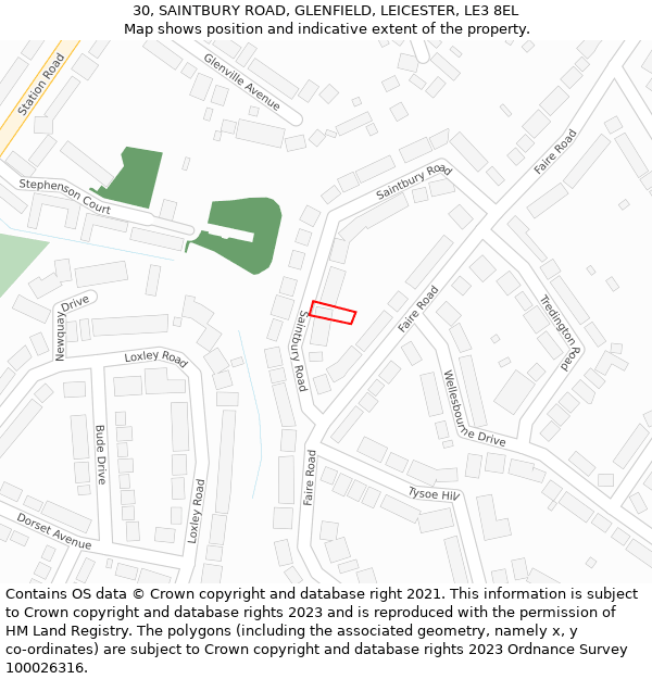 30, SAINTBURY ROAD, GLENFIELD, LEICESTER, LE3 8EL: Location map and indicative extent of plot