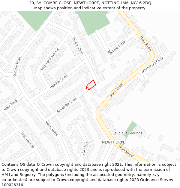 30, SALCOMBE CLOSE, NEWTHORPE, NOTTINGHAM, NG16 2DQ: Location map and indicative extent of plot