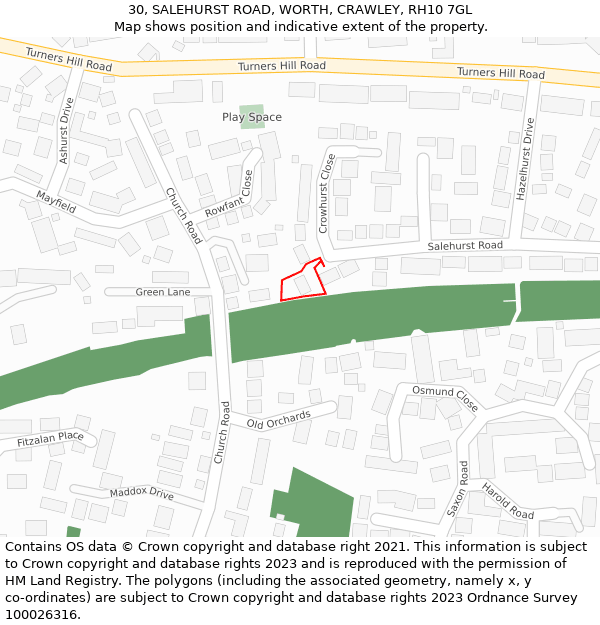 30, SALEHURST ROAD, WORTH, CRAWLEY, RH10 7GL: Location map and indicative extent of plot