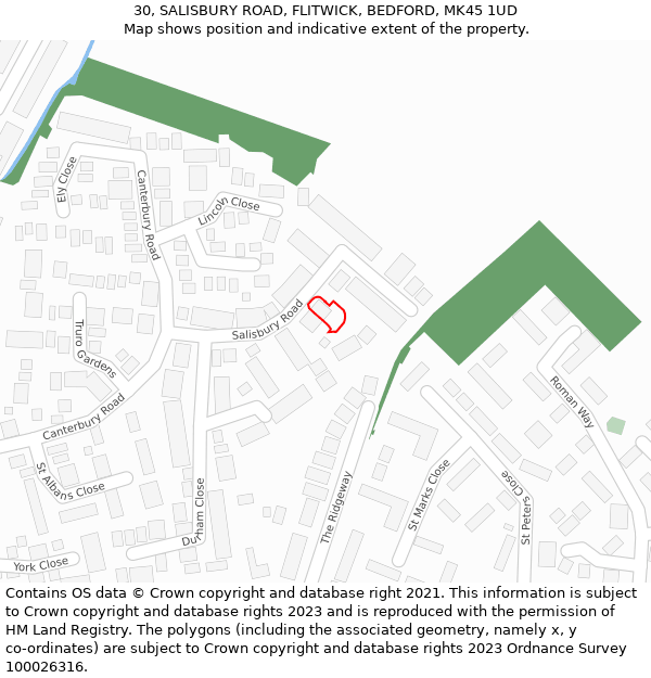 30, SALISBURY ROAD, FLITWICK, BEDFORD, MK45 1UD: Location map and indicative extent of plot
