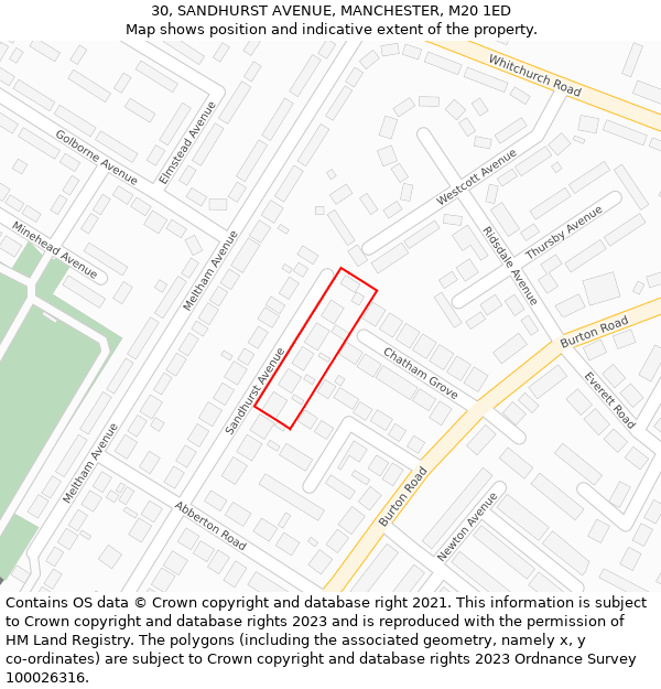 30, SANDHURST AVENUE, MANCHESTER, M20 1ED: Location map and indicative extent of plot