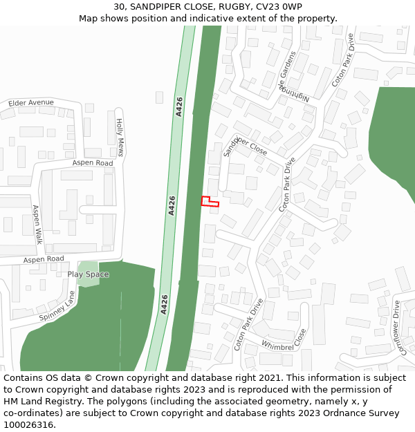 30, SANDPIPER CLOSE, RUGBY, CV23 0WP: Location map and indicative extent of plot