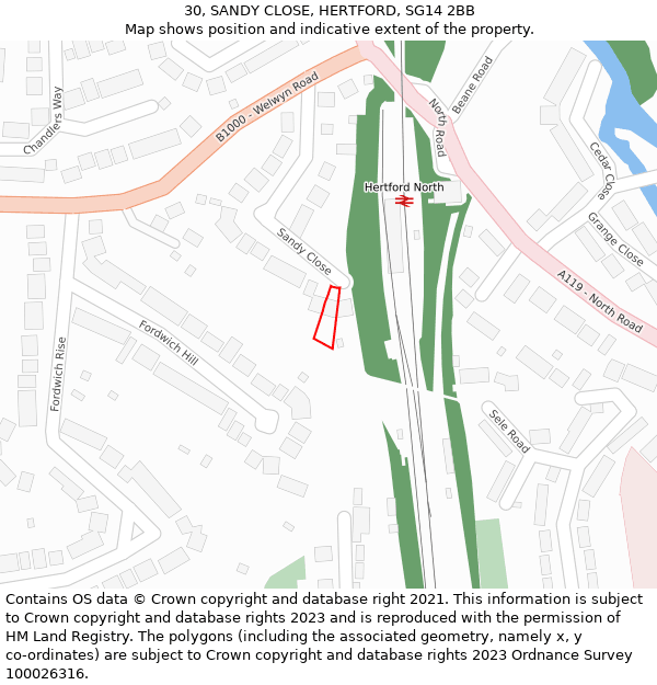 30, SANDY CLOSE, HERTFORD, SG14 2BB: Location map and indicative extent of plot