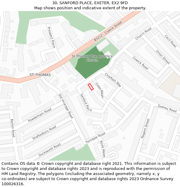 30, SANFORD PLACE, EXETER, EX2 9FD: Location map and indicative extent of plot