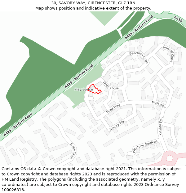 30, SAVORY WAY, CIRENCESTER, GL7 1RN: Location map and indicative extent of plot