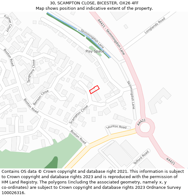 30, SCAMPTON CLOSE, BICESTER, OX26 4FF: Location map and indicative extent of plot