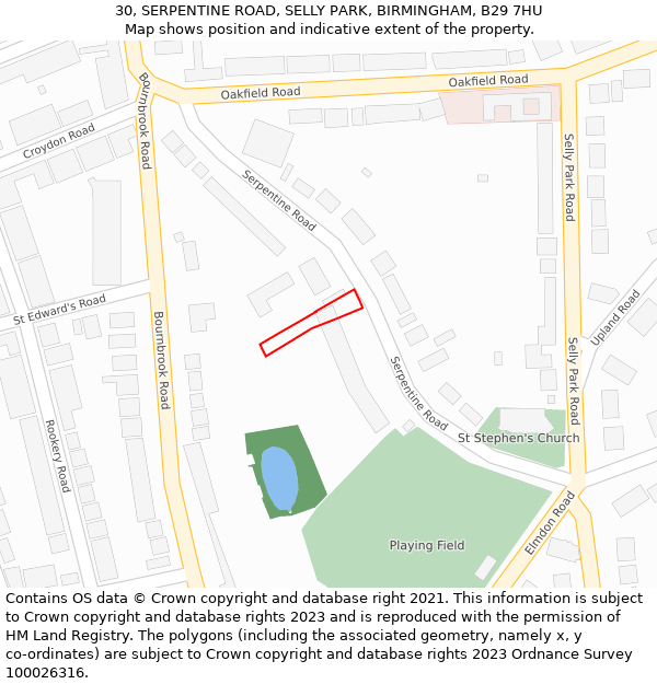 30, SERPENTINE ROAD, SELLY PARK, BIRMINGHAM, B29 7HU: Location map and indicative extent of plot