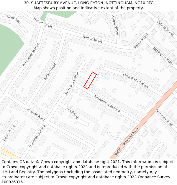 30, SHAFTESBURY AVENUE, LONG EATON, NOTTINGHAM, NG10 3FG: Location map and indicative extent of plot