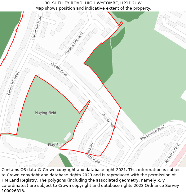 30, SHELLEY ROAD, HIGH WYCOMBE, HP11 2UW: Location map and indicative extent of plot