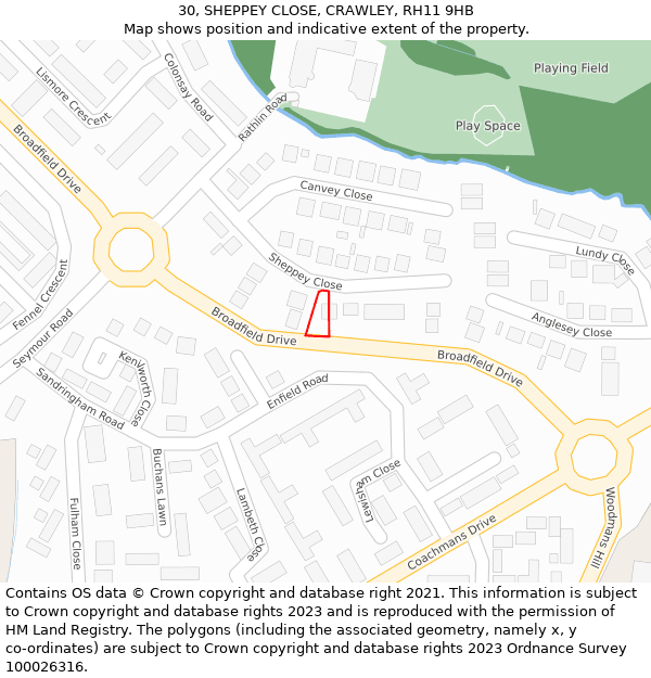 30, SHEPPEY CLOSE, CRAWLEY, RH11 9HB: Location map and indicative extent of plot