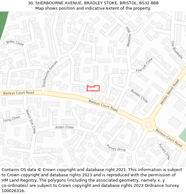 30, SHERBOURNE AVENUE, BRADLEY STOKE, BRISTOL, BS32 8BB: Location map and indicative extent of plot