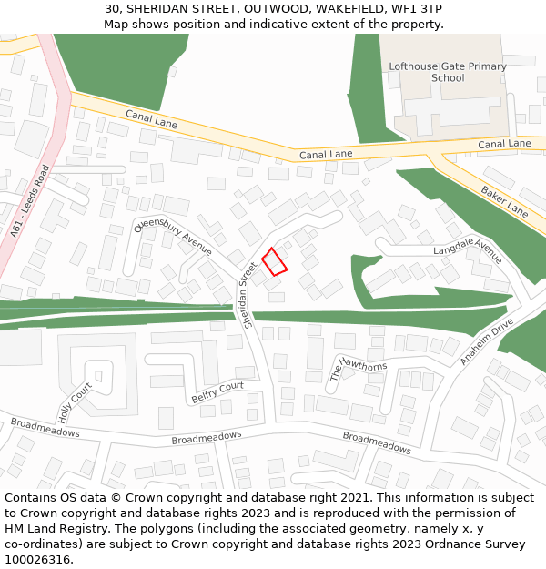 30, SHERIDAN STREET, OUTWOOD, WAKEFIELD, WF1 3TP: Location map and indicative extent of plot