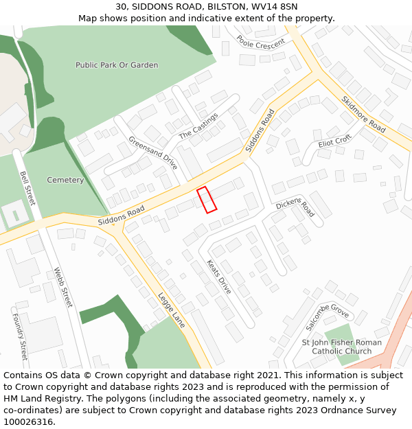30, SIDDONS ROAD, BILSTON, WV14 8SN: Location map and indicative extent of plot