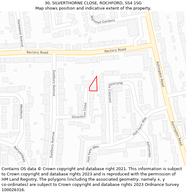 30, SILVERTHORNE CLOSE, ROCHFORD, SS4 1SG: Location map and indicative extent of plot