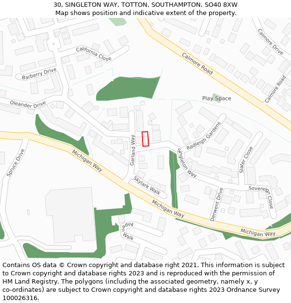 30, SINGLETON WAY, TOTTON, SOUTHAMPTON, SO40 8XW: Location map and indicative extent of plot