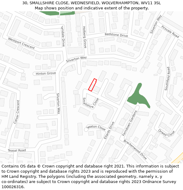 30, SMALLSHIRE CLOSE, WEDNESFIELD, WOLVERHAMPTON, WV11 3SL: Location map and indicative extent of plot