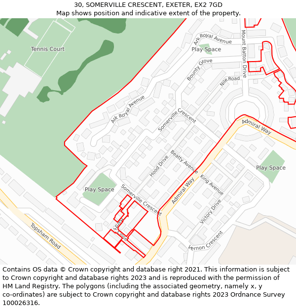 30, SOMERVILLE CRESCENT, EXETER, EX2 7GD: Location map and indicative extent of plot