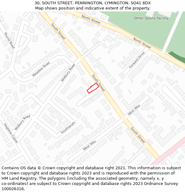 30, SOUTH STREET, PENNINGTON, LYMINGTON, SO41 8DX: Location map and indicative extent of plot