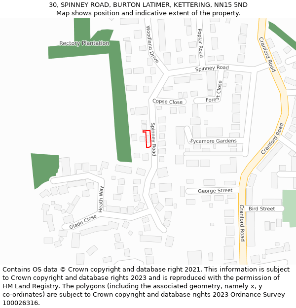 30, SPINNEY ROAD, BURTON LATIMER, KETTERING, NN15 5ND: Location map and indicative extent of plot