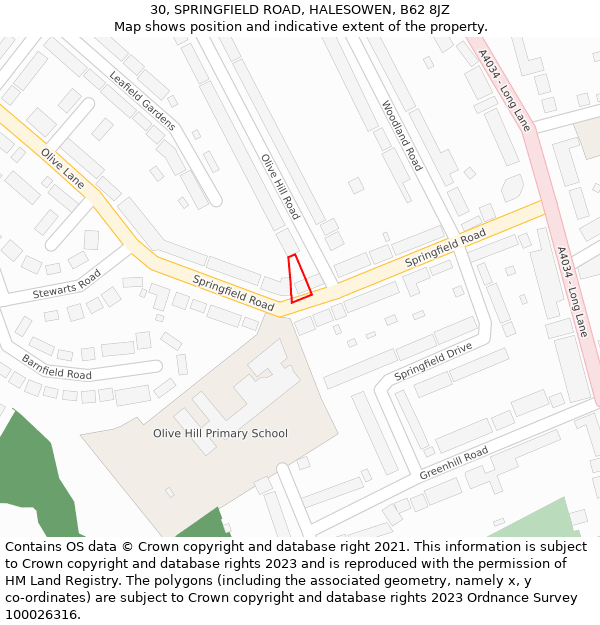 30, SPRINGFIELD ROAD, HALESOWEN, B62 8JZ: Location map and indicative extent of plot