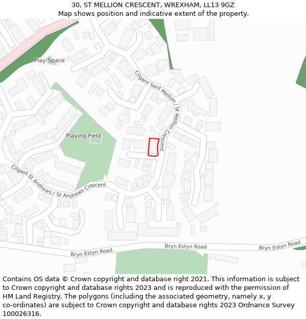 30, ST MELLION CRESCENT, WREXHAM, LL13 9GZ: Location map and indicative extent of plot