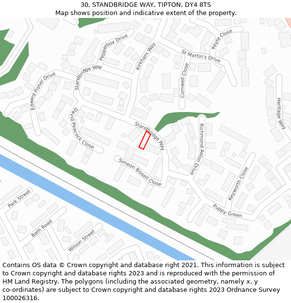 30, STANDBRIDGE WAY, TIPTON, DY4 8TS: Location map and indicative extent of plot