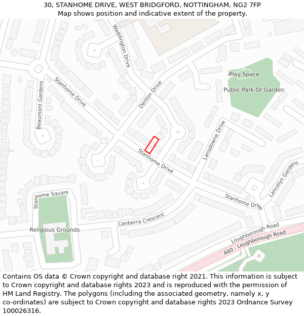 30, STANHOME DRIVE, WEST BRIDGFORD, NOTTINGHAM, NG2 7FP: Location map and indicative extent of plot
