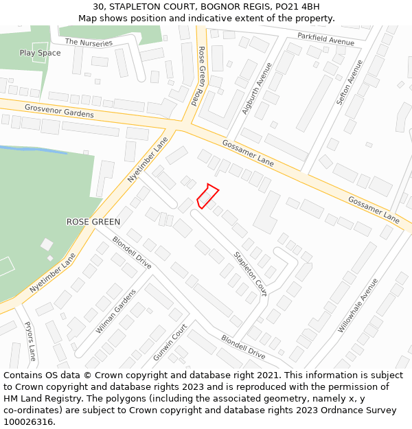 30, STAPLETON COURT, BOGNOR REGIS, PO21 4BH: Location map and indicative extent of plot