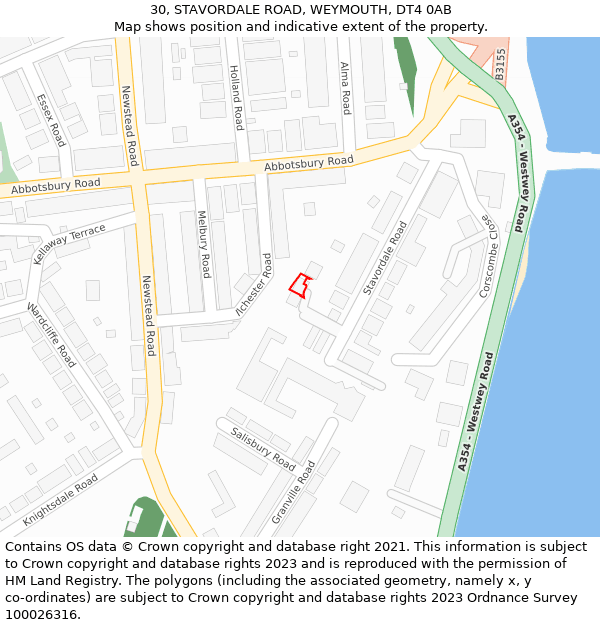 30, STAVORDALE ROAD, WEYMOUTH, DT4 0AB: Location map and indicative extent of plot