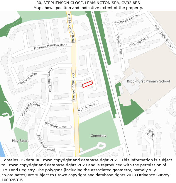 30, STEPHENSON CLOSE, LEAMINGTON SPA, CV32 6BS: Location map and indicative extent of plot