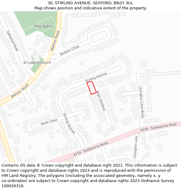 30, STIRLING AVENUE, SEAFORD, BN25 3UL: Location map and indicative extent of plot