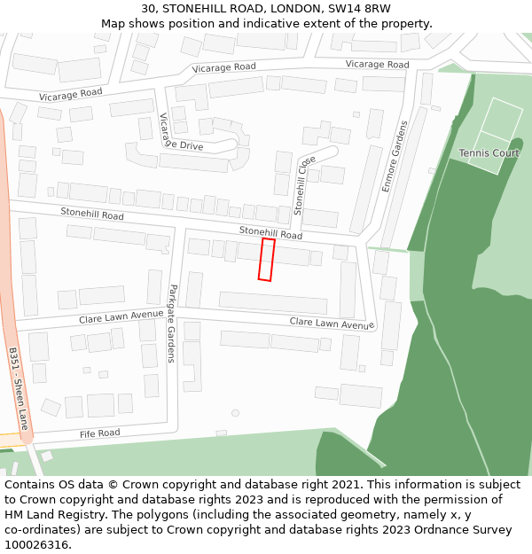 30, STONEHILL ROAD, LONDON, SW14 8RW: Location map and indicative extent of plot