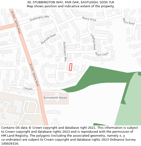 30, STUBBINGTON WAY, FAIR OAK, EASTLEIGH, SO50 7LR: Location map and indicative extent of plot